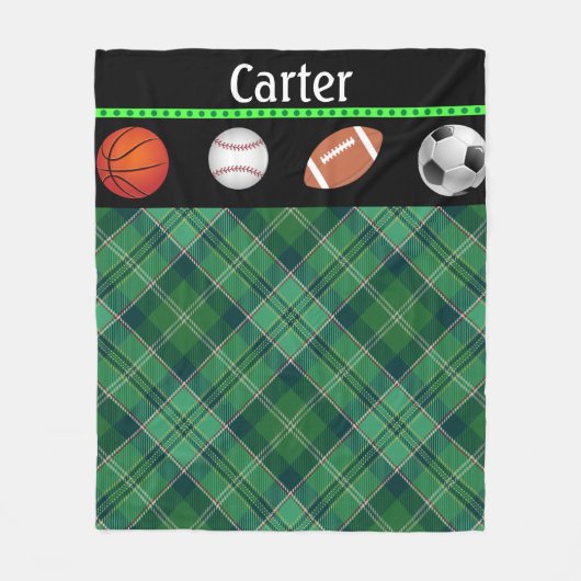グリーンタータンチェックバスケットボール野球サッカー フリースブランケット (正面)