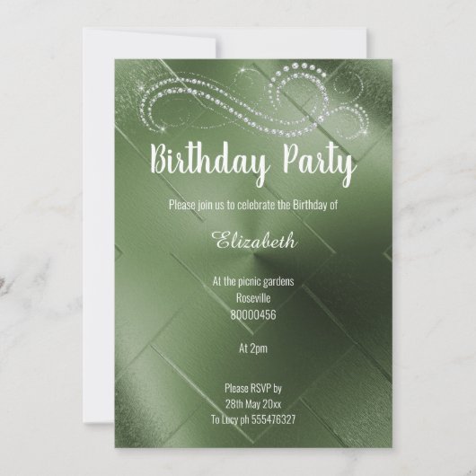 グリーンダイエレガントアモンド誕生日パーティーの招待状 招待状 (正面)