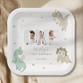 グリーンダイナソー一歳の誕生日フォト ペーパープレート
