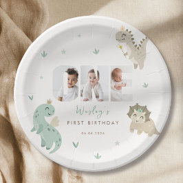 グリーンダイナソー一歳の誕生日フォト ペーパープレート