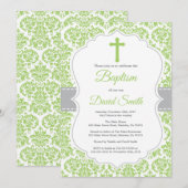 グリーンダマスククロス洗礼招待状 招待状 (正面/裏面)