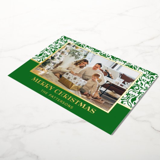 グリーンダマスクフォイルホリデーカード 箔シーズンカード (回転した状態)