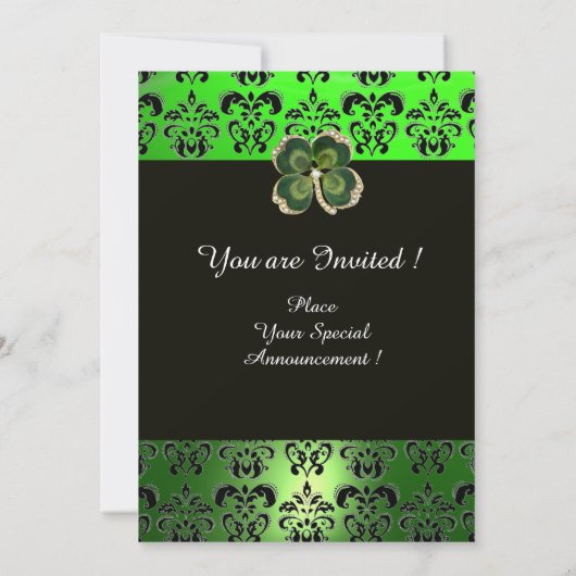グリーンダマスク、金ゴールドシャムロックジュエルとホワイトパール 招待状 (裏面)
