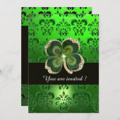 グリーンダマスク、金ゴールドシャムロックジュエルとホワイトパール 招待状 (正面/裏面)