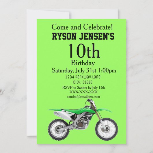 グリーンダートバイクスポーツボーイ誕生日招待状 招待状 (正面)