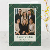 グリーンチェックのクリスマス企業フォトカード ロゴ入り カード (黄色い花)