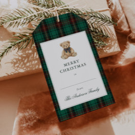グリーンチェックのテディベア クリスマスパーティー ギフトタグ