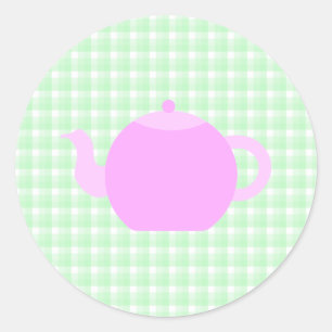 グリーンチェックのピンクティーポットデザイン。 ラウンドシール