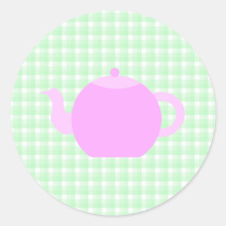 グリーンチェックのピンクティーポットデザイン。 ラウンドシール
