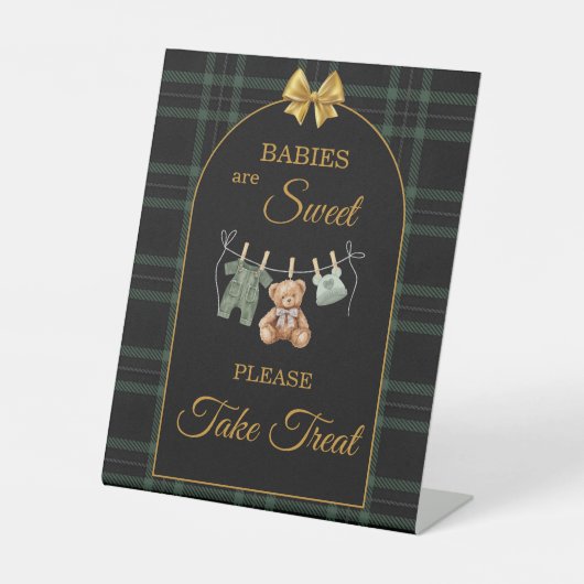 グリーンチェック柄の「Babies Are Sweet Take A Treat」サイン 台座サイン (正面)