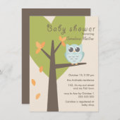 グリーンツリーオレンジ葉青フクロウ秋ベビーシャワー 招待状 (正面/裏面)