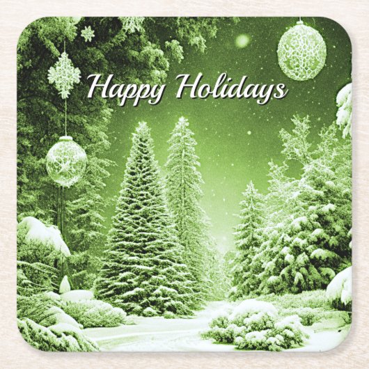 グリーンツリー クリスマスボール ホリデー スクエアペーパーコースター (正面)