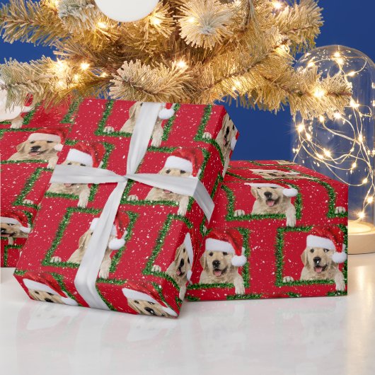グリーンティンセルラッピング紙のゴールデンレトリバー ラッピングペーパー (クリスマス)