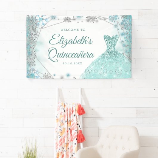 グリーンティール（緑がかった色）シルバークリスマススノーフレークキンセアニラ 横断幕 (インサイチュ)