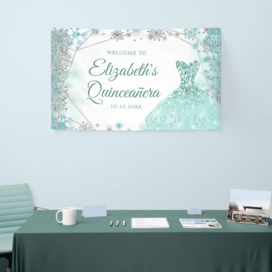 グリーンティール（緑がかった色）シルバークリスマススノーフレークキンセアニラ 横断幕 (トレードショー)