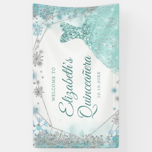 グリーンティール（緑がかった色）シルバークリスマススノーフレークキンセアニラ 横断幕 (縦)