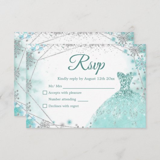 グリーンティール（緑がかった色）シルバークリスマスプリンセスキンセアニラ 出欠カード (正面/裏面)