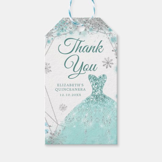 グリーンティール(緑がかった色)シルバースノーフレークMis Quinceありがとう ギフトタグ (正面)