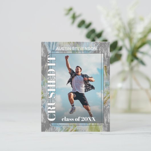 グリーンティール（緑がかった色）ブルーグレー卒業発表 ポストカード (スタンド正面)