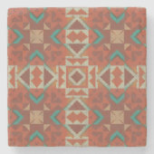 グリーンティール(緑がかった色)ラストオレンジベージュブラウンレッドトライバルアート ストーンコースター (正面)