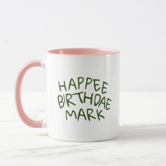 グリーンテキストのHappee Birthdae 名前 マグカップ (左)