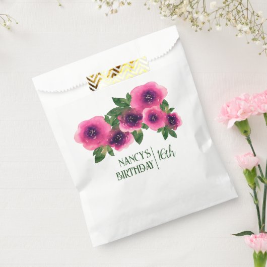 グリーンテキストウォーターカラーピンクのバラ 16歳の誕生日 フェイバーバッグ (封をした状態)