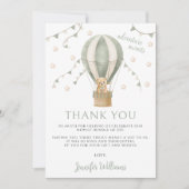 グリーンテディベアバルーンアドベンチャー男の赤ちゃんシャワー サンキューカード (正面)