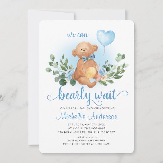 グリーンテディベア Bearly Wait ベビーシャワー 招待状 (正面)