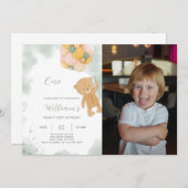 グリーンテディ誕生日招待状と写真 招待状 (正面/裏面)