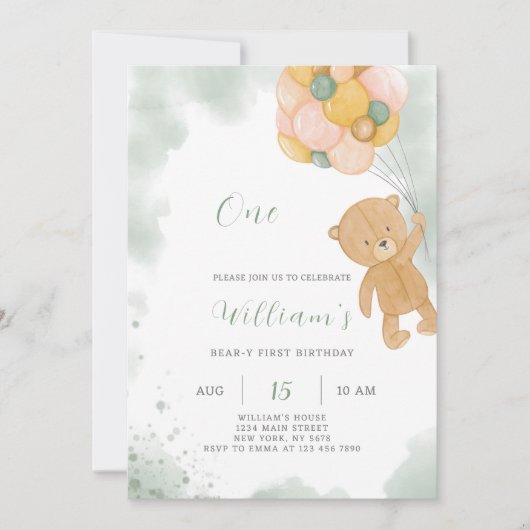 グリーンテディ誕生日招待状 招待状 (正面)