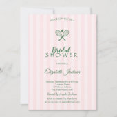 グリーンテニスラケットピンクストライプのブライダルシャワー 招待状 (正面)