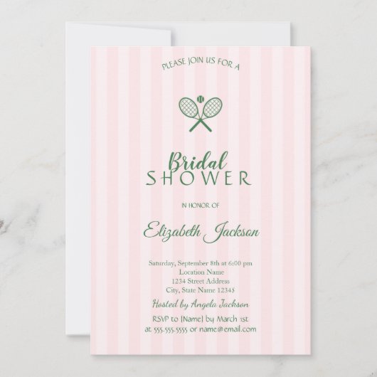 グリーンテニスラケットピンクストライプのブライダルシャワー 招待状 (正面)