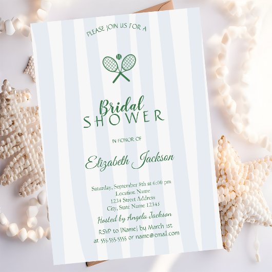 グリーンテニスラケットブルーストライプのブライダルシャワー 招待状