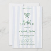 グリーンテニスラケットブルーストライプのブライダルシャワー 招待状 (正面)