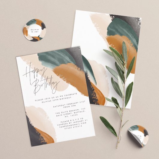 グリーンテラコッタ抽象芸術水彩誕生日 招待状
