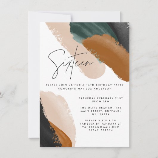 グリーンテラコッタ抽象芸術水彩16誕生日 招待状 (正面)