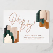 グリーンテラコッタ抽象芸術水色ベビーシャワーf 箔招待状 (正面)