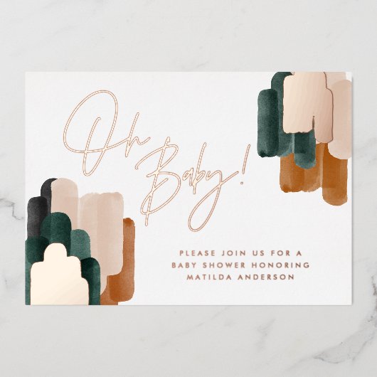 グリーンテラコッタ抽象芸術水色ベビーシャワーf 箔招待状 (正面)