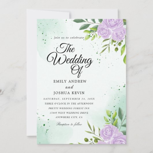 グリーンテーマと紫結婚式招待状 招待状 (正面)