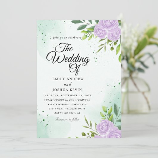 グリーンテーマと紫結婚式招待状 招待状 (スタンド正面)