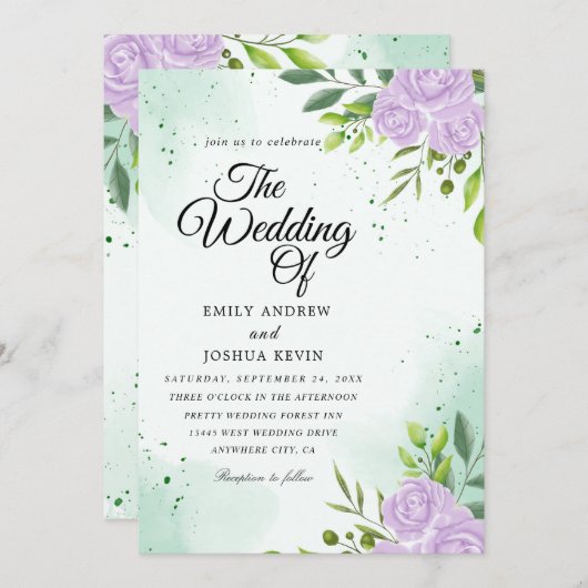 グリーンテーマと紫結婚式招待状 招待状 (正面/裏面)