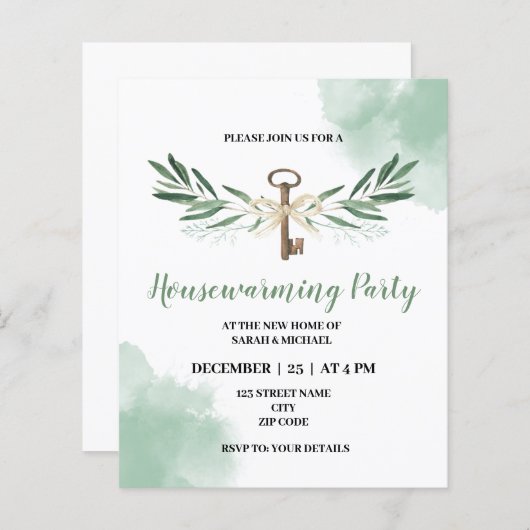 グリーンテーマ引っ越し祝いパーティーパーティの招待状 (正面/裏面)