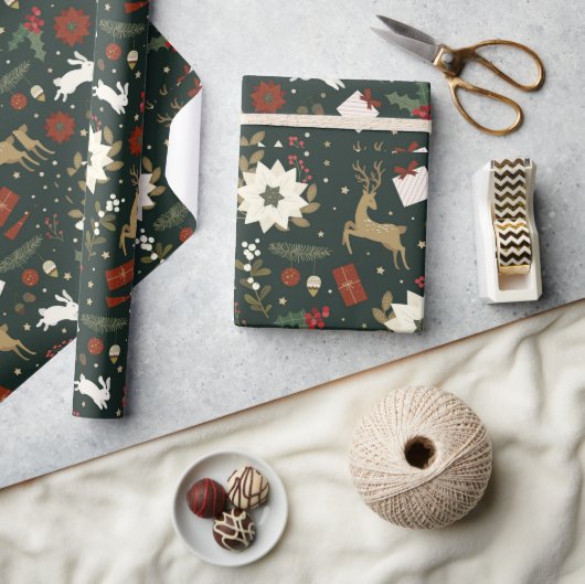 グリーンデアーズハンドドロークリスマスパターンデザイン ラッピングペーパー (クラフト)