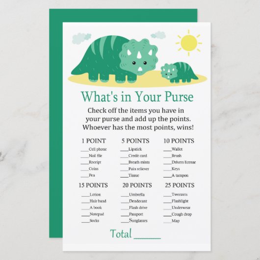 グリーンディノあなたの財布ゲーム赤ちゃんシャワーの中に何がある (正面/裏面)