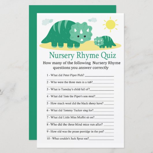 グリーンディーノ子供部屋韻クイズベビーシャワーゲーム (正面/裏面)