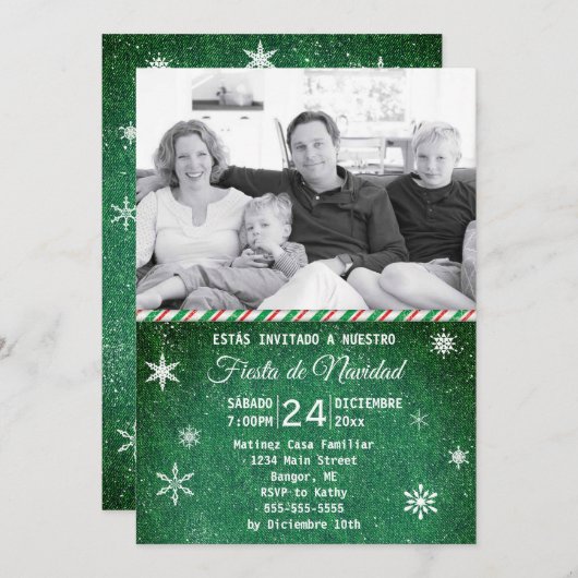 グリーンデニスペインのムスノーフレークフォトホリデーパーティー 招待状 (正面/裏面)