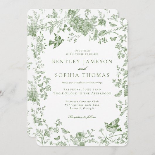 グリーントイレデジュイヴィンテージフランスのフローラ結婚ズ 招待状 (正面/裏面)