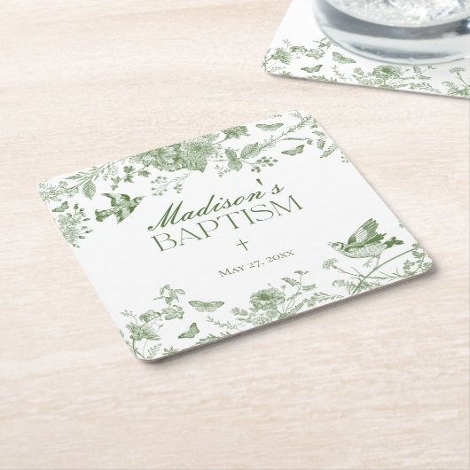 グリーントイレデジュイヴィンテージフローラバプテスマ スクエアペーパーコースター (アングル)