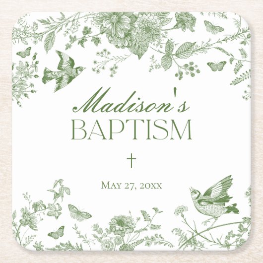 グリーントイレデジュイヴィンテージフローラバプテスマ スクエアペーパーコースター (正面)