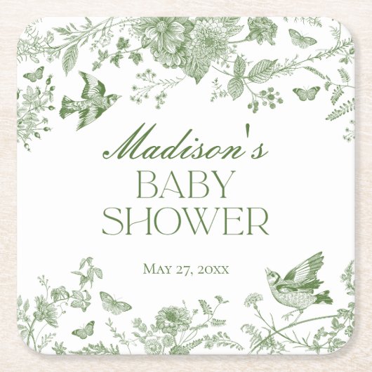 グリーントイレデジュイヴィンテージフローラベビーシャワー スクエアペーパーコースター (正面)